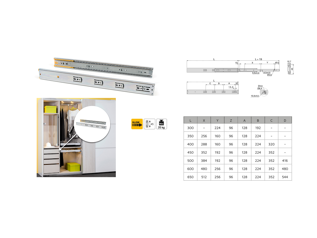 emu4301cc.png Guide con Sfere per Cassetto Estrazione Totale Soft 45x12,7h Portata kg.35 Zincato mm.500 | Emuca - immagine 1