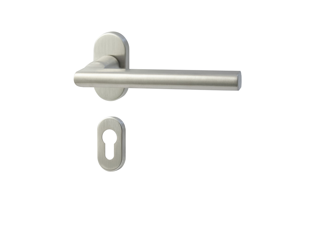 fim1019277z60.png Maniglia Ucraina Rosetta Ovale D.30x60h Bocchetta Foro Yale per Cilindro Europeo AISI304 Inox Satinato | Fimet Maniglie - immagine 1