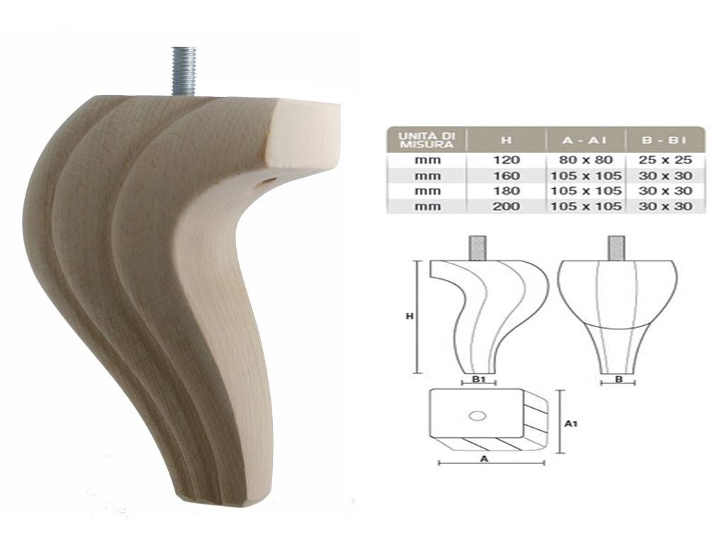 gpi0252160105x105.png Piede Legno Faggio Grezzo con Vite Filettata Ma10x30 d.105x105/30x30 mm.160h | Gpi - immagine 1