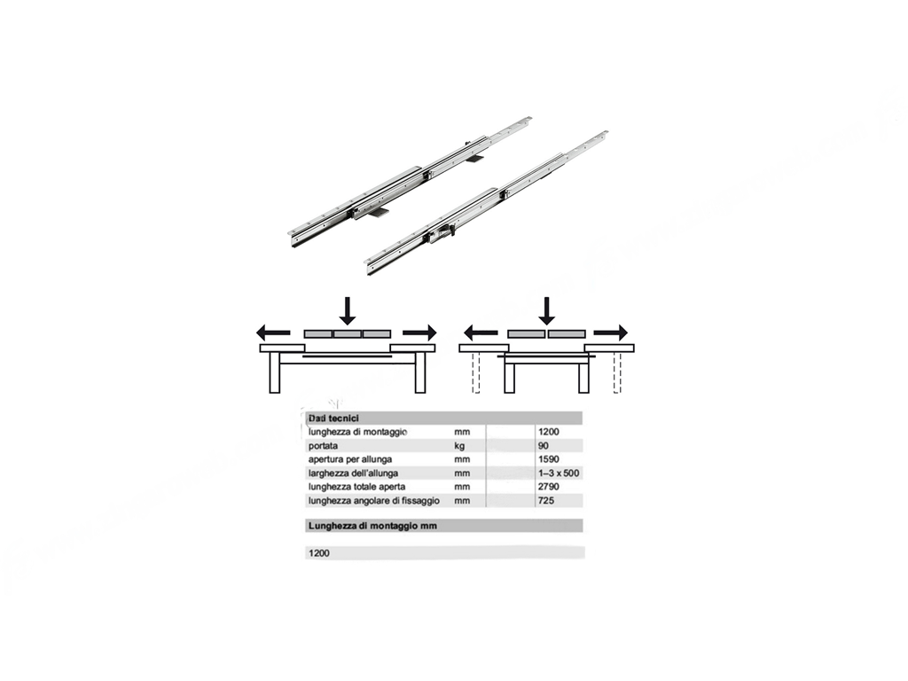 haf64259915.png Guide Tavolo Apertura Centrale 3 Allunghe Portata kg.90 mm.120/2790 | Hafele - immagine 1