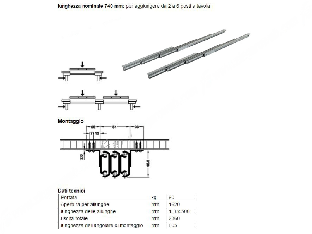 haf64269307c.png Guide Tavolo Apertura Centrale 2 Allunghe Portata kg.90 mm.710/1620 | Hafele - immagine 1