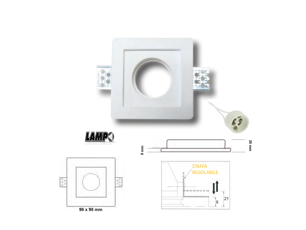 lpodikcg25cc.png Faretto Incasso Gesso Quadro Piatto Ip20 mm.98x98x35h Regolabile Attacco Gu10 | Lampo - immagine 1