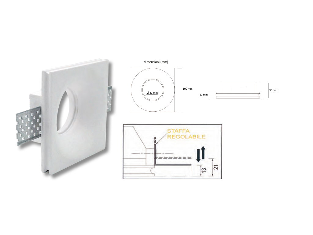 lpodikcg32t.png Faretto Incasso Gesso Quadro Piatto Svasato Ip20 mm.100x100x36h Attacco Gu10 | Lampo - immagine 1