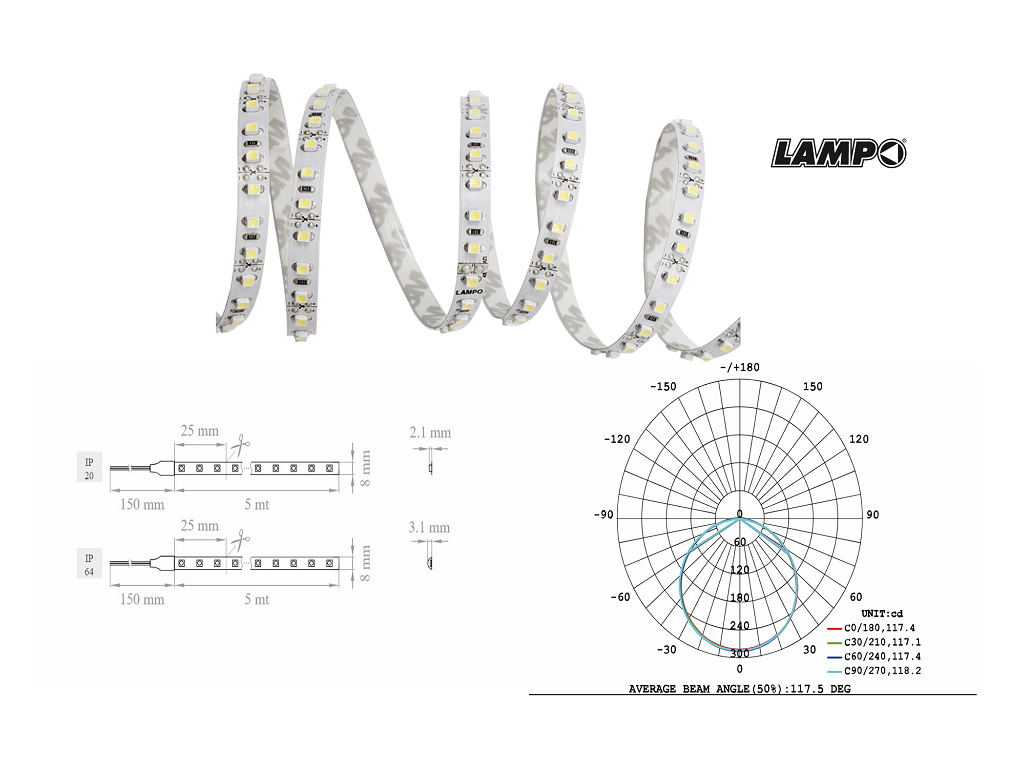 lpoledad24600ip20xx.png Strip Led Adesivo 5mt 24v Ip20 600led 9,6w 120°1140lm/mt 4000k Natura | Lampo - immagine 1