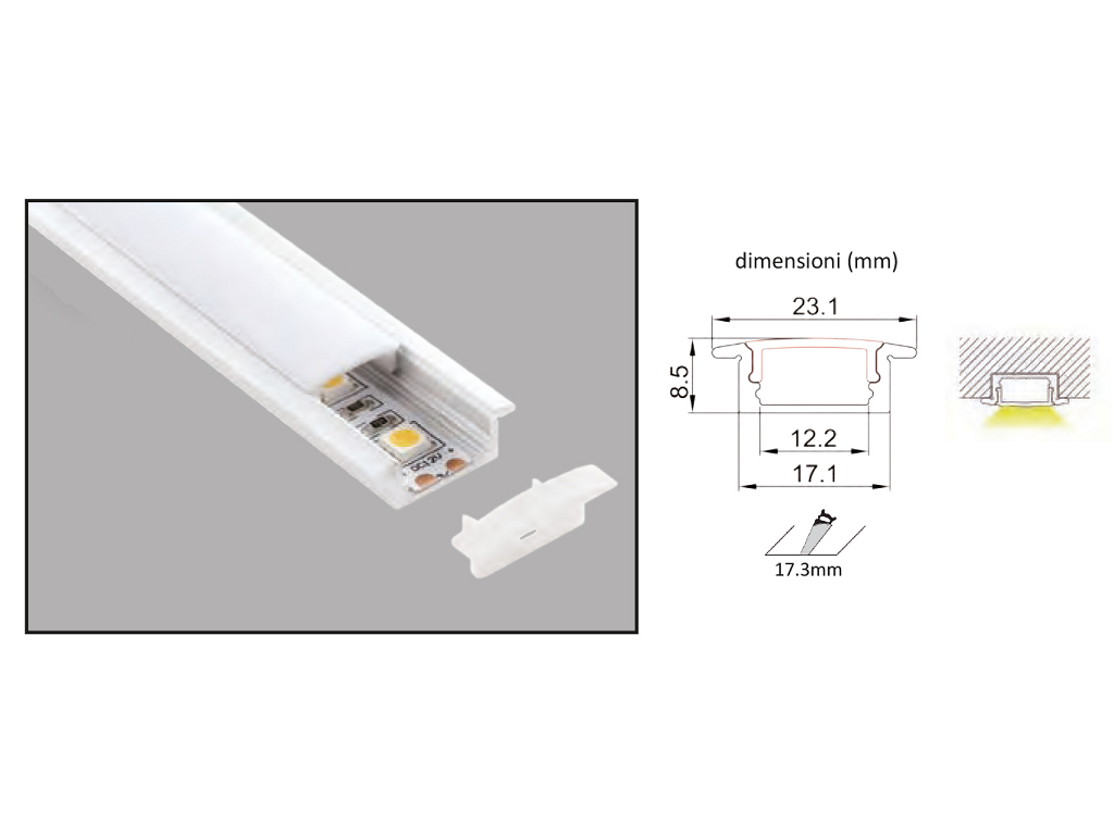 lpoprkitincb.png Profilo per Led cm.200 mm.23,1x8,5 Interno mm.12,3 con Alette+Diffusore Opaco Bianco | Lampo - immagine 1