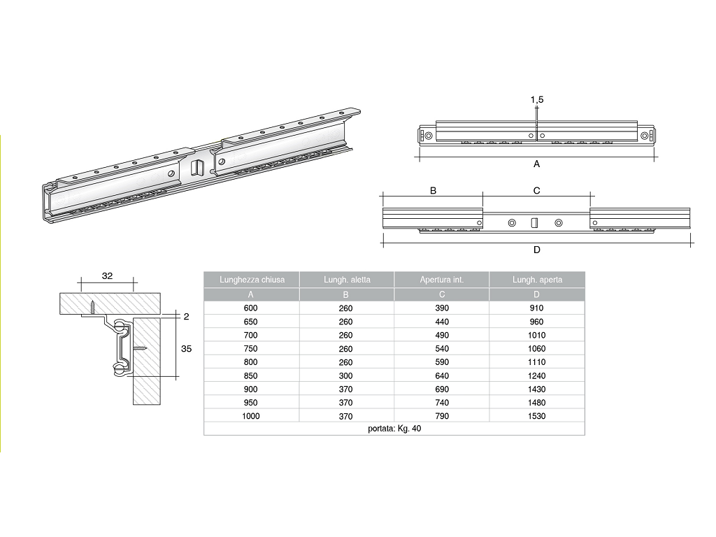msta206.png GUIDE TAVOLO ALLUNGABILE APERTURA CENTRALE PORTATA MAX 40 kg. LUNGHEZZA 60-90 cm. prodotto da METAL STAMPI - immagine 1