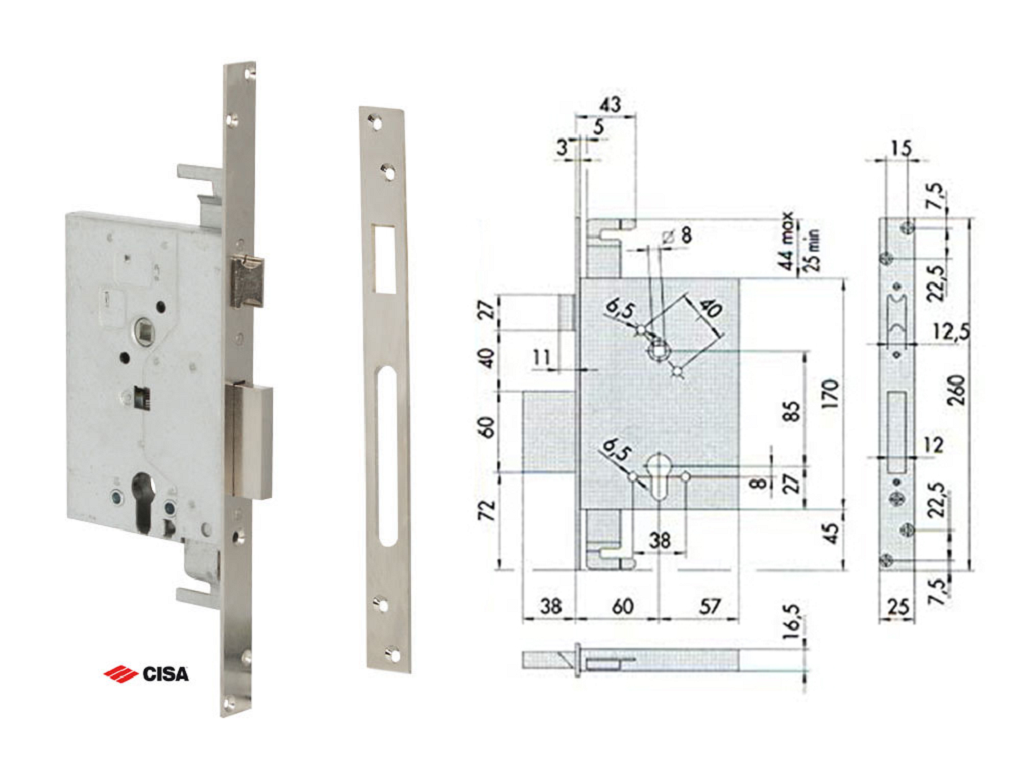 cis156255600.png Serratura Infilare Triplice Foro Yale per Cilindro Europeo Scrocco+4Mandate Entrata 60 mm | Cisa - immagine 1