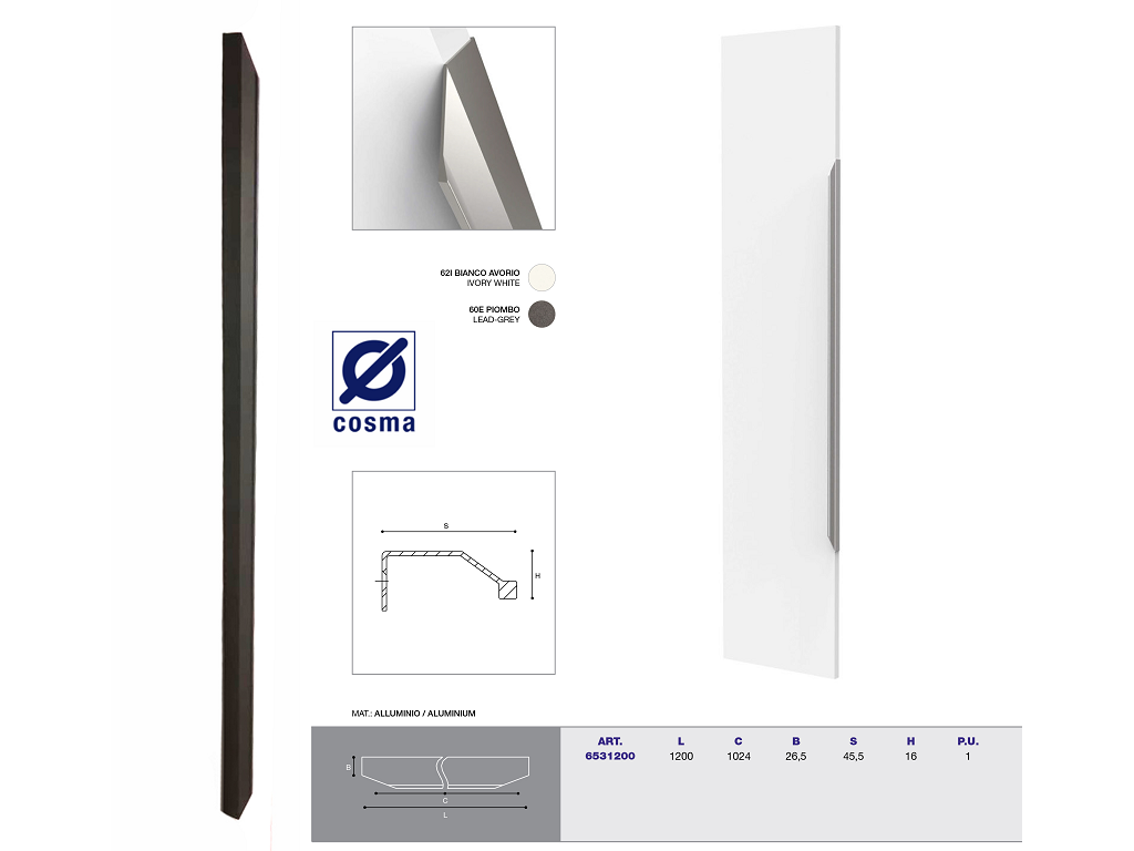 cos653120060e.png Maniglietta Mobile Fori Esterni Interasse 1024 mm.1200x26,5x45x16h Piombo | Cosma - immagine 1