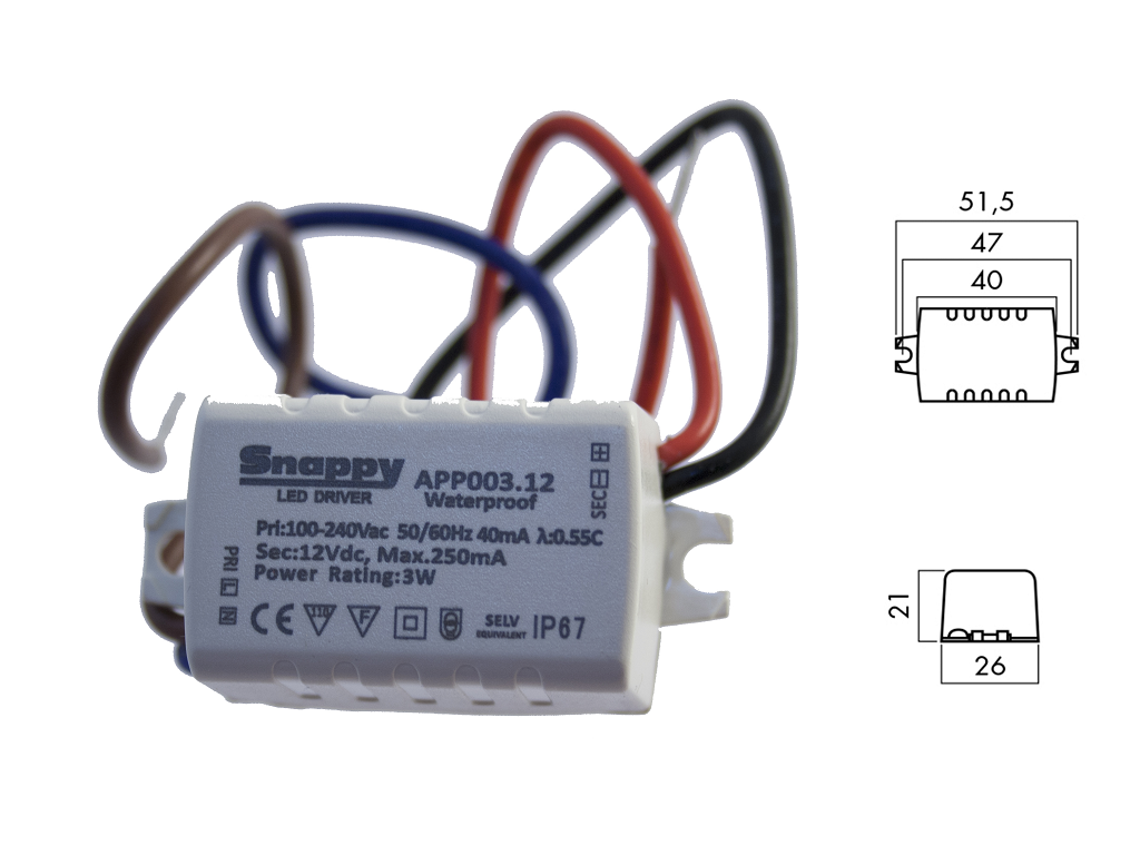 dogapp00312c.png Alimentatore Led in Tensione Snappy IP67 250v-12vdc 3w 800ma | Dogi - immagine 1
