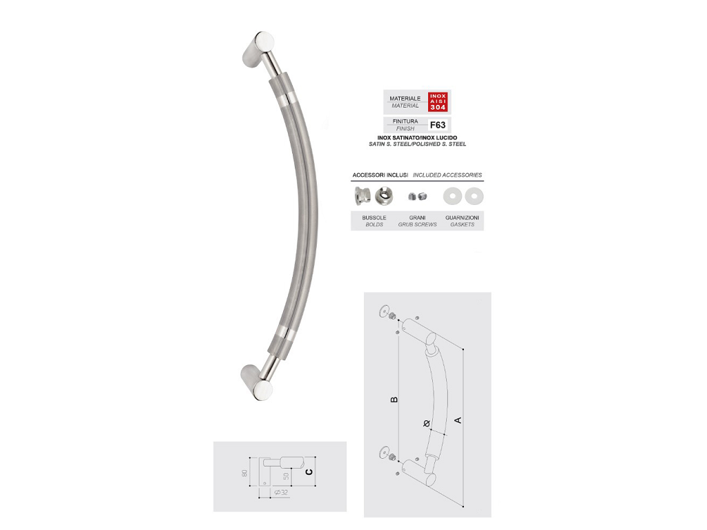 fim849v3053250063.png Maniglione Cile d.30 Interasse 500 mm.532x82h AISI304 Inox Satinato/Lucido | Fimet Maniglie - immagine 1
