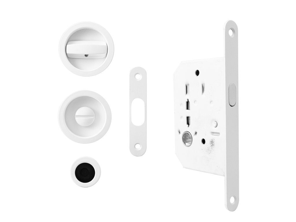 fimktwc3666rnba.png Maniglia Incasso Tonda Porta Scorrevole modello 3666 d.57/48 Con Nottolino+Serratura E50 Bianco Ral9016 | Fimet Maniglie - immagine 1