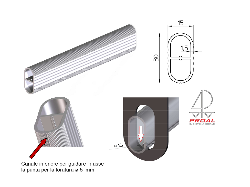 prlt3015a3000a.png Tubo Ovale Alluminio Millerighe mm.30x15 Sp.1,5 Asta cm.300 Anodizzato Argento | Proal - immagine 1