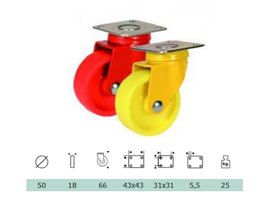 roc111np050y.png Ruota Polipropilene Piastra Girevole 43x43 Portata kg.25 mm.50 Giallo Rocarr - immagine 1