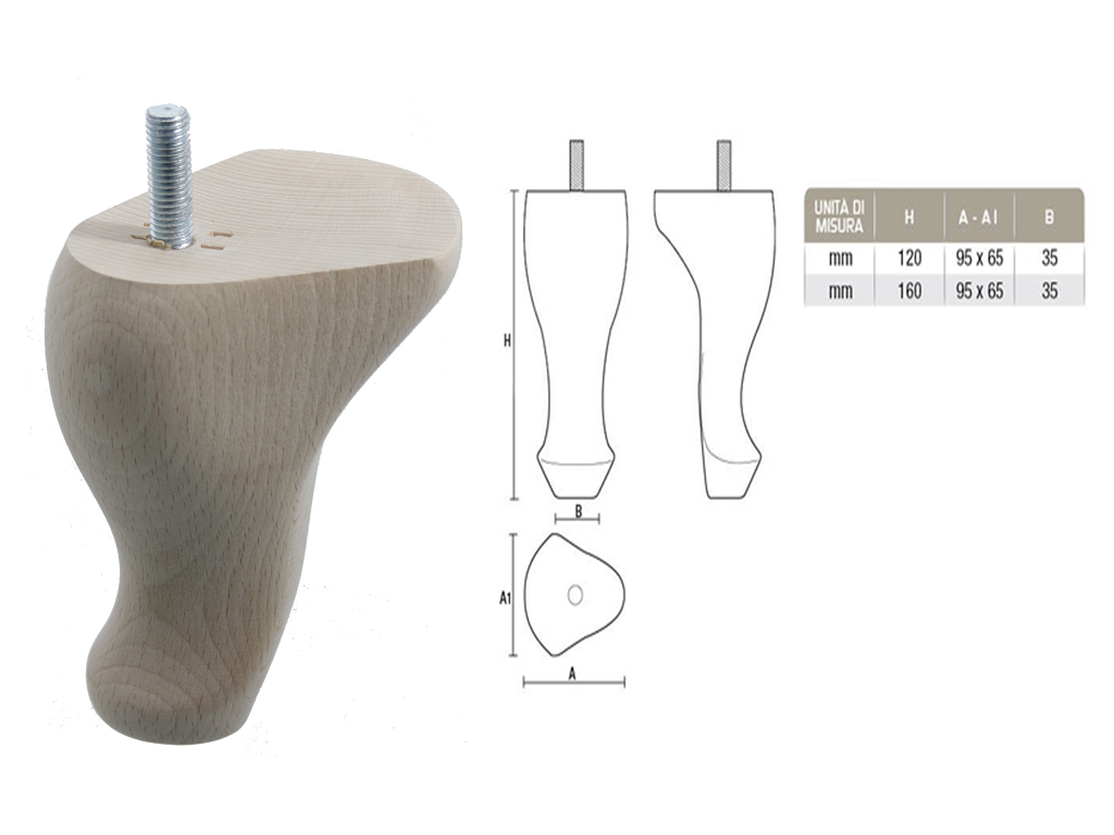 gpi0032120095x065.png Piede Legno Faggio Grezzo con Vite Filettata Ma10x30 d.95x65 mm.120h | Gpi - immagine 1
