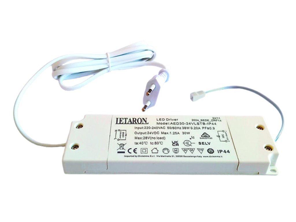 Alimentatore Led IP44 240v-24vdc 30w Termoplastico con Spina UE e Cavo d.53x170,5x16h | Luce Viva - immagine 1