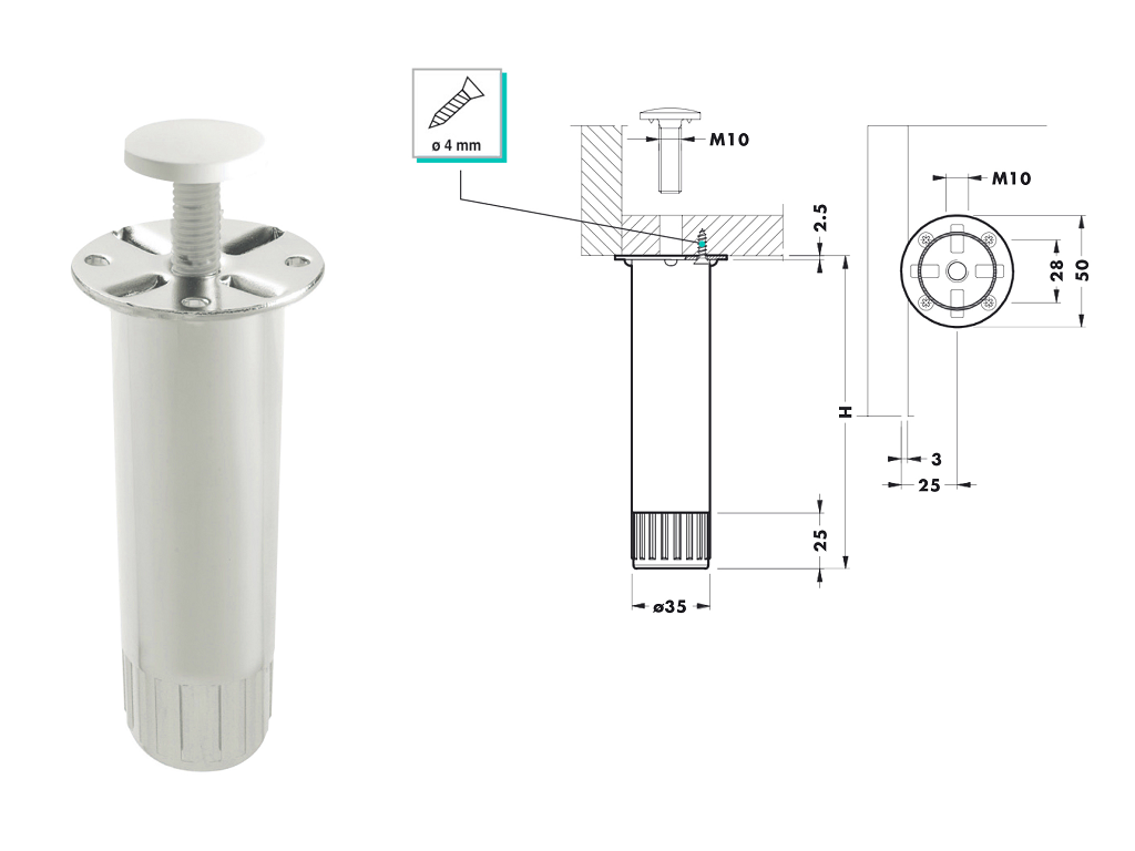 cam380b.png PIEDE METALLO BIANCO IN BLISTER PEZZI 4 VARIE ALTEZZE CAMAR - immagine 1