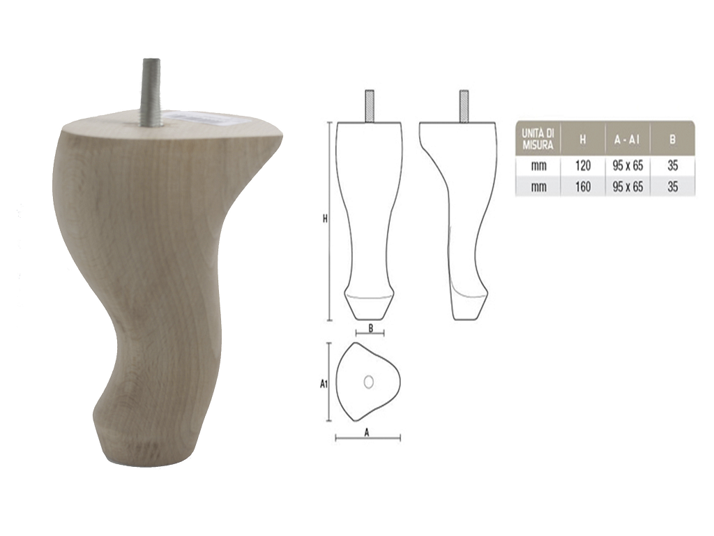 gpi0032160095x065.png Piede Legno Faggio Grezzo con Vite Filettata Ma10x30 d.95x65 mm.160h | Gpi - immagine 1