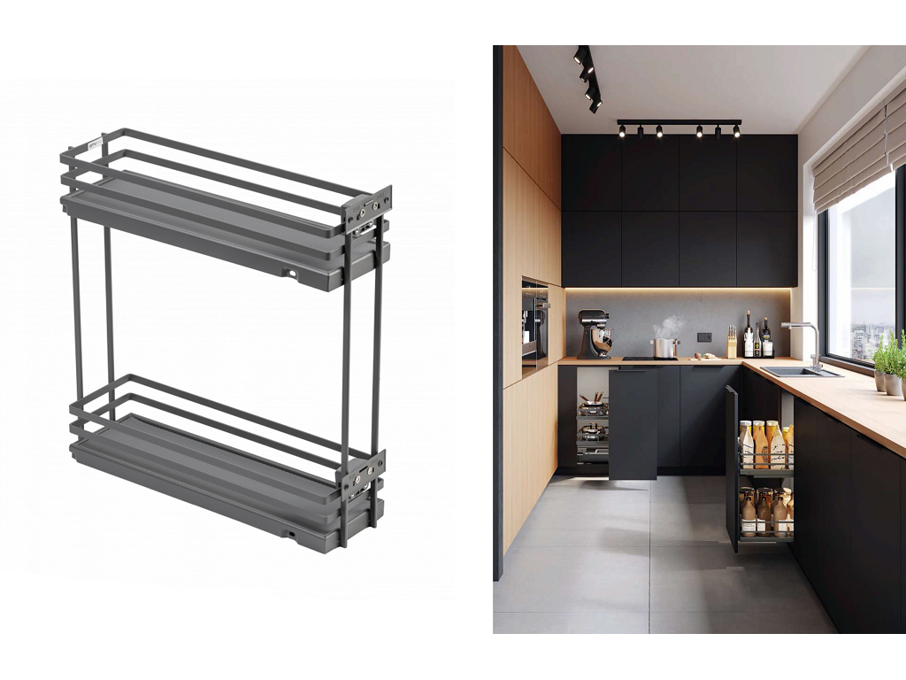 gtvkox00bo60cc.png Cestello Laterale Movixpro 2 Ripiani per Cucina senza Binari Antracite Ral 7025 mm.150/ 200 | GTV - immagine 1