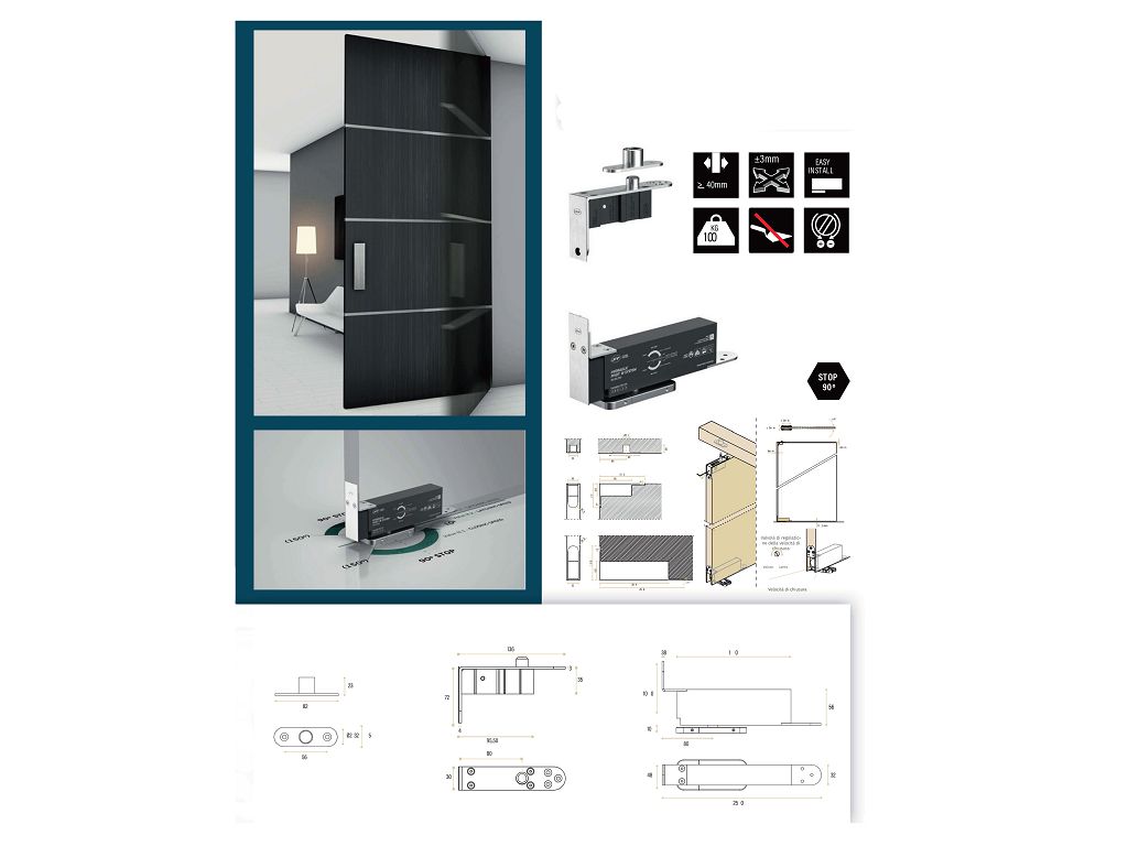 Cerniera Pivot Idraulico 360°Chiudiporta a Pavimento per Legno Inox AISI 304 Portata kg.100 mm.250x42x56h  JNF - immagine 2