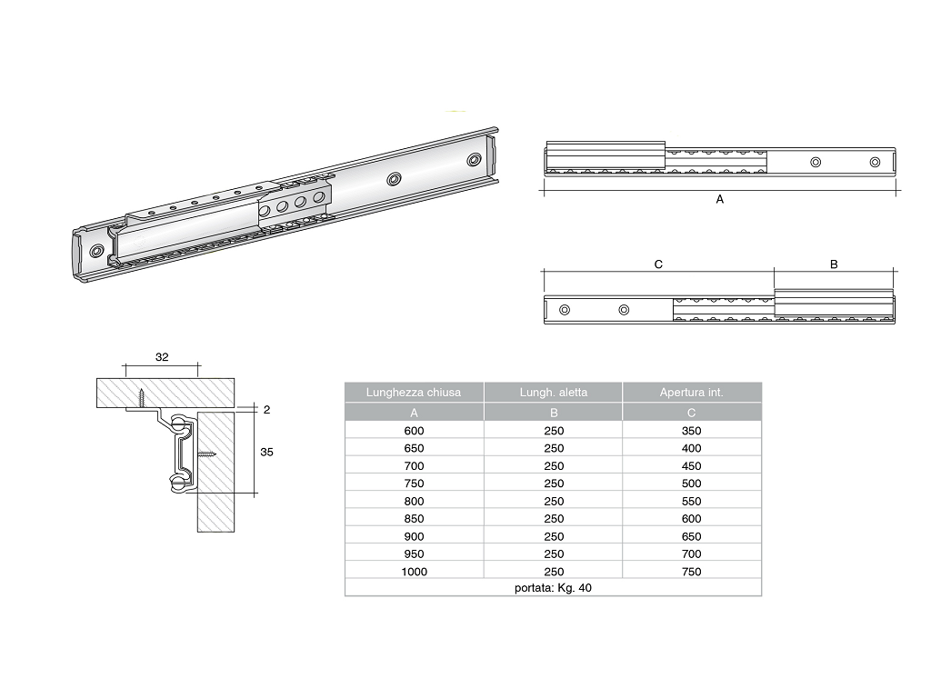mstb225.png GUIDE TAVOLO ALLUNGABILE APERTURA LATERALE PORTATA MAX 40 kg. LUNGHEZZA 60-95 cm. prodotto da METAL STAMPI - immagine 1