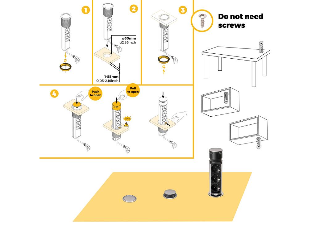 Multiconnettore Vertikal Push 60 Presa a Colonna 3 Schuko +1USB A+ USB Acciaio+Termoplastica   Emuca - immagine 11