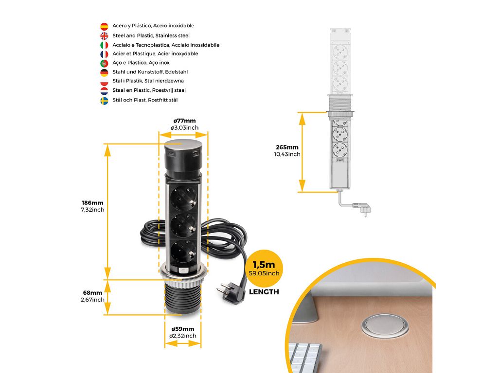 Multiconnettore Vertikal Push 60 Presa a Colonna 3 Schuko +1USB A+ USB Acciaio+Termoplastica   Emuca - immagine 9