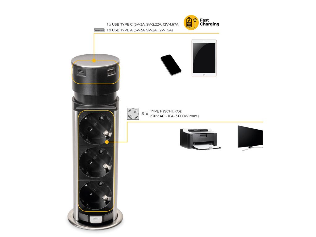 Multiconnettore Vertikal Push 60 Presa a Colonna 3 Schuko +1USB A+ USB Acciaio+Termoplastica   Emuca - immagine 10