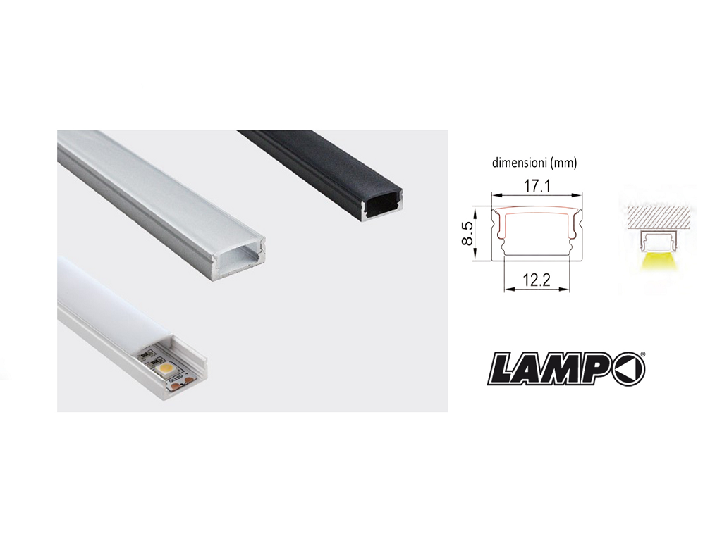 lpoprkitsupxx.png PROFILO ALLUMINIO PER LED cm.200 mm.17,1x8,5 INT.12,3+DIFFUSORE OPACO VARIE FINITURE | LAMPO - immagine 1