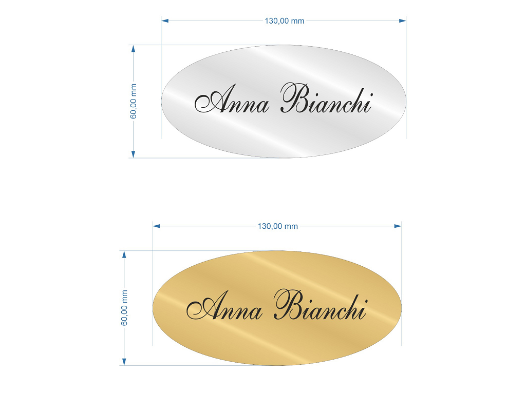 nil130x60oa.png TARGA OVALE PORTANOME PLEXIGLASS CON BIADESIVO mm.130x60 SPECCHIO ARGENTO-ORO - immagine 1
