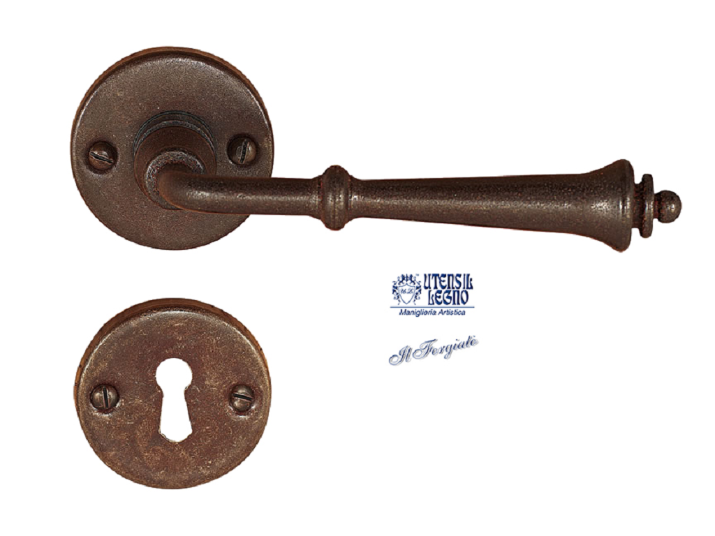 utsfm316nmrc.png Maniglia FM316 Rosetta Tonda d.50x5h+Molle Bocchetta Foro Chiave Forgiato Ruggine | Utensil Legno - immagine 1