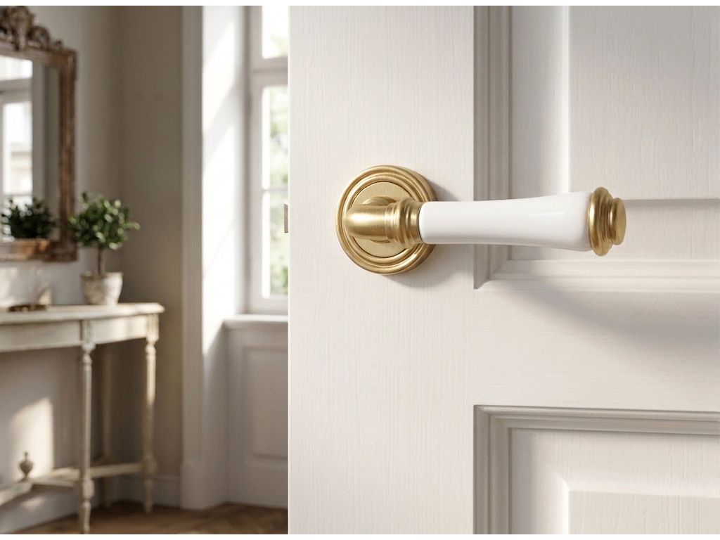 Maniglia Tasha Rosetta Tonda d.52x10h Bocchetta Foro Chiave Porcellana Bianco+F.02O Effetto Ottone Satinato Opaco Fimet Maniglie - immagine 2