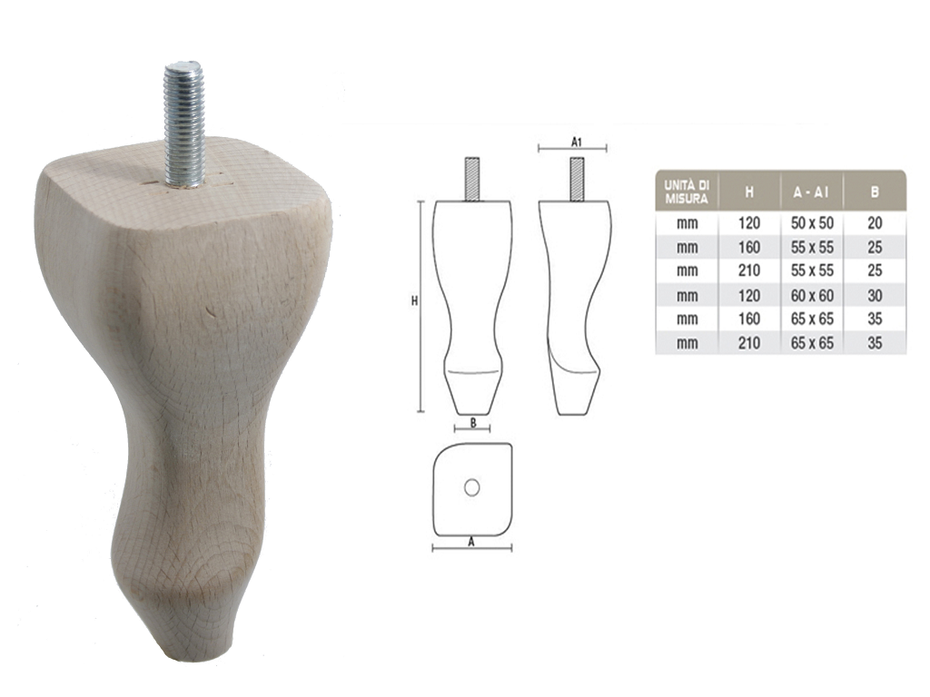 gpi0030120.png Piede Legno Faggio Grezzo con Vite Filettata Ma10x30 d.60x60 mm.120h | Gpi - immagine 1
