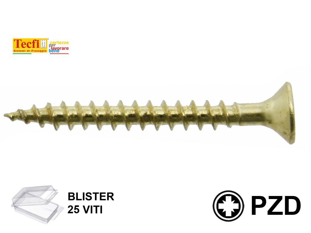 25vitiottonate.png VITE TRUCIOLARE TSP IMPRONTA CROCE PZ2 OTTONATA IN BLISTER mm.4,5 VARIE LUNGHEZZE | TECFI - immagine 1