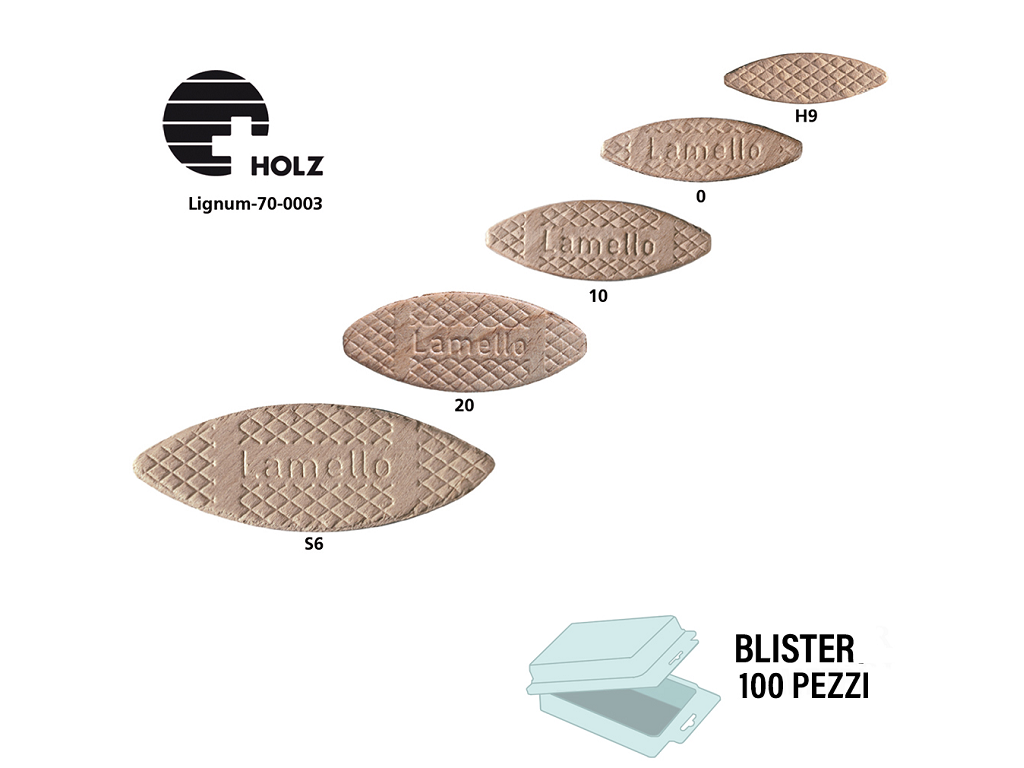 lam144blister.png LAMELLE IN LEGNO PER GIUNZIONE MOBILI IN BLISTER DA PEZZI 100 VARIE MISURE LAMELLO - immagine 1
