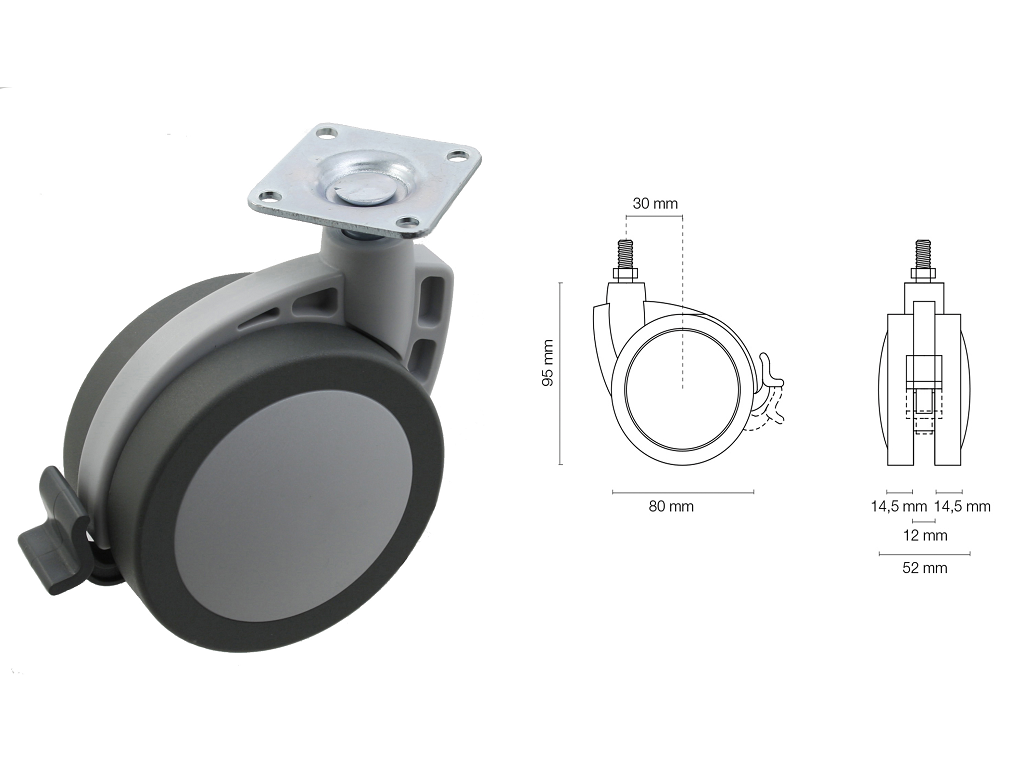 mac587frp.png Ruota Nylon Gomma Portata Kg.60 Piastra Girevole 43x43+Freno mm.80 Bi-Grigio | Maco - immagine 1