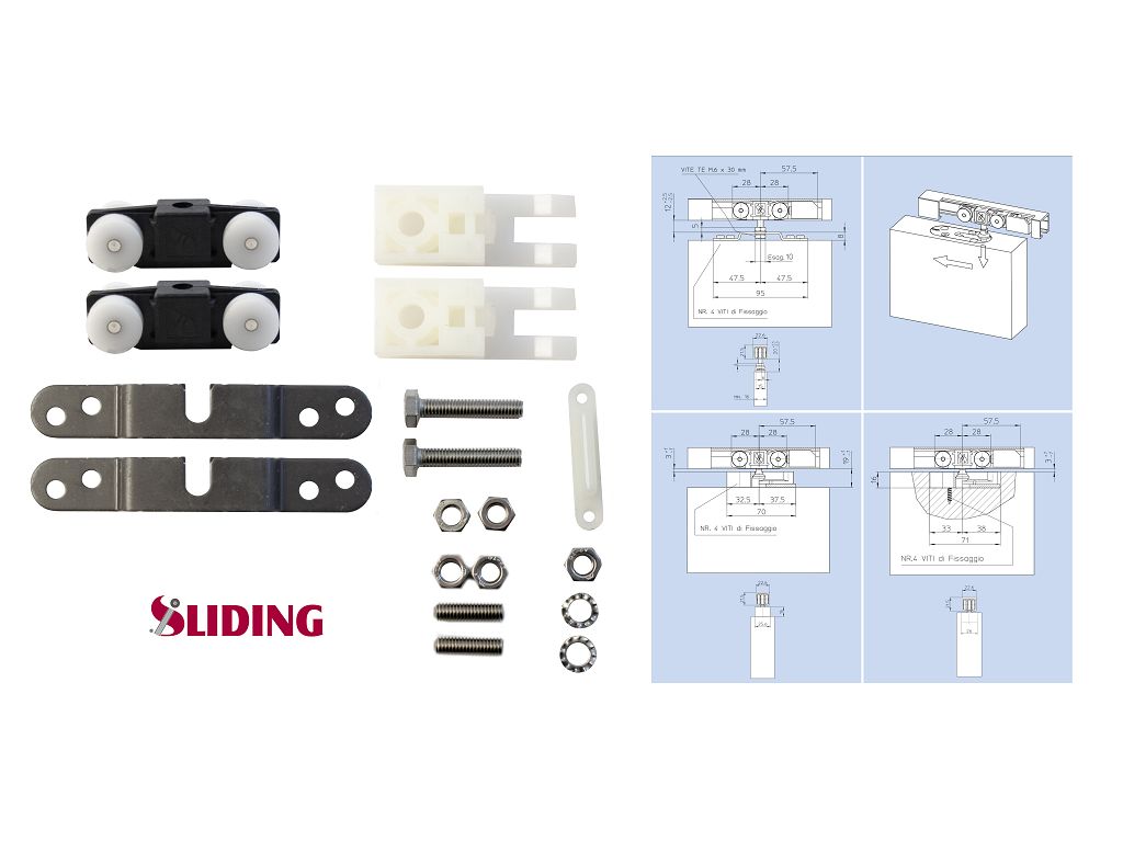 Sistema Scorrimento Porta Legno Carrelli Lince con Piastre A.Z. Portata Kg.45   Sliding - immagine 3