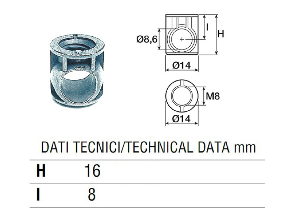 Barilotto Senza Bordo Zincato d.14 Altezza 16mm per Astina d.8 Filettato MA8 - immagine 1