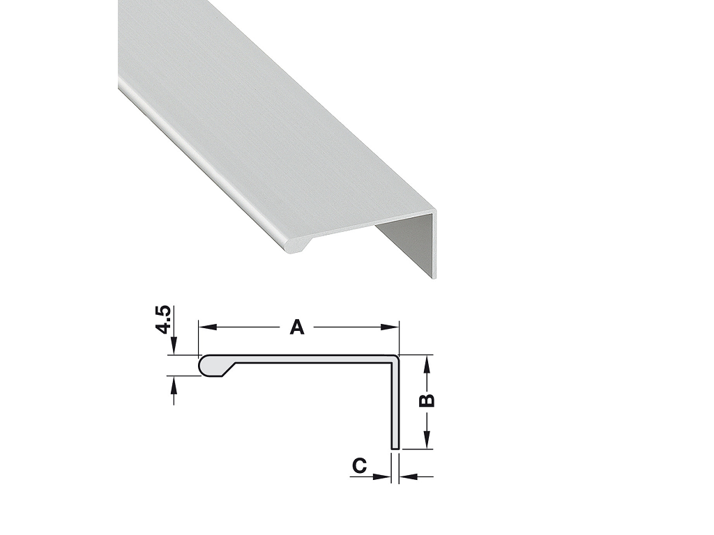 haf12614901.png Profilo Maniglia Bordo Anta Modello L mm.2500h mm.43x20x1,6 Alluminio Argento Anodizzato (E6/Ev1) - immagine 1