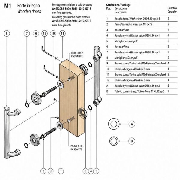 Kit Montaggio Maniglione M1 per Porta in Legno Passante Accoppiato con Rosetta  Salice Paolo