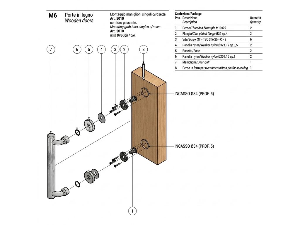 Kit Montaggio Maniglione M6 per Porta in Legno non Passante Singolo con Rosetta  Salice Paolo - immagine 1