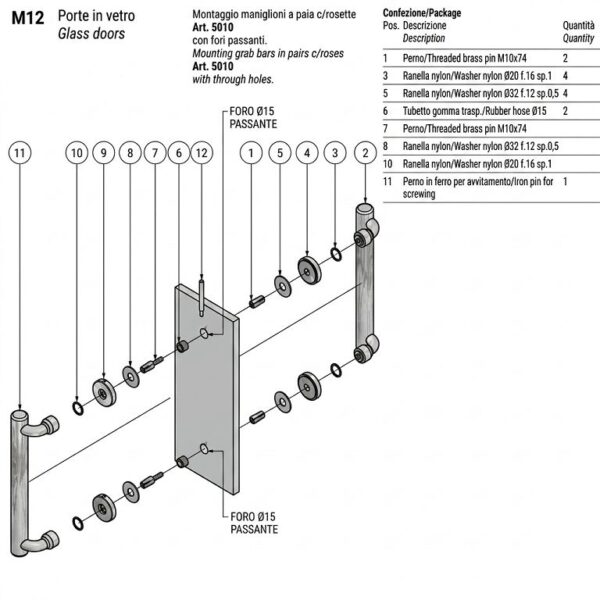 Kit Montaggio Maniglione M12 per Porta in Vetro Passante Accoppiato con Rosetta  Salice Paolo