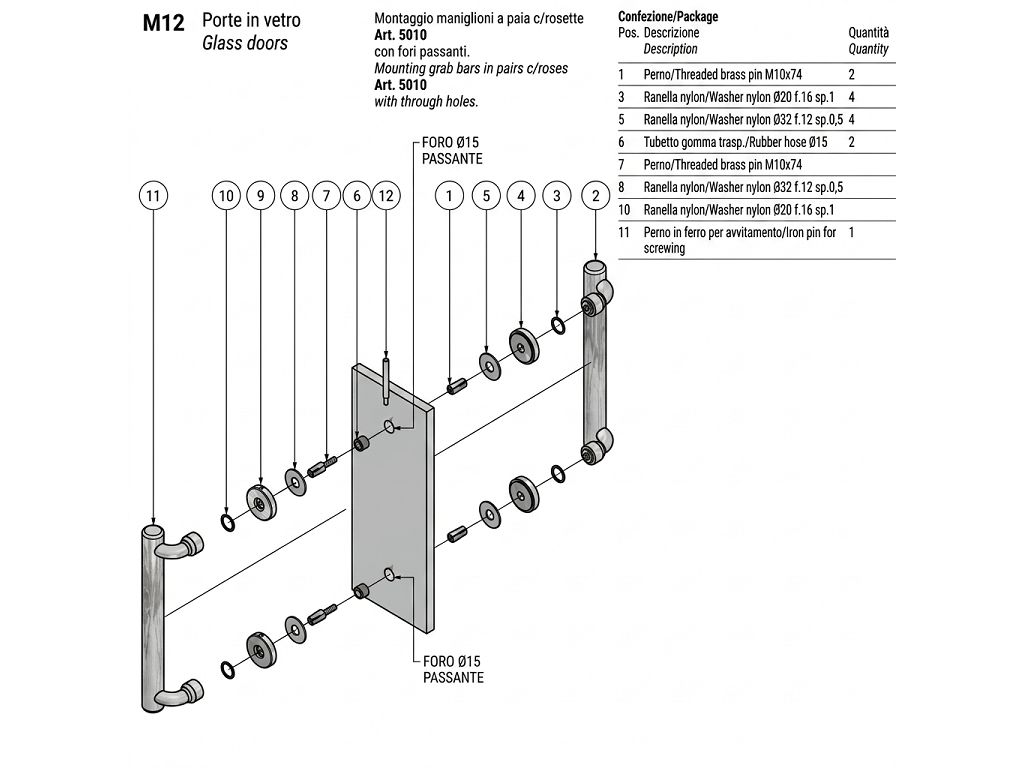 Kit Montaggio Maniglione M12 per Porta in Vetro Passante Accoppiato con Rosetta  Salice Paolo - immagine 1