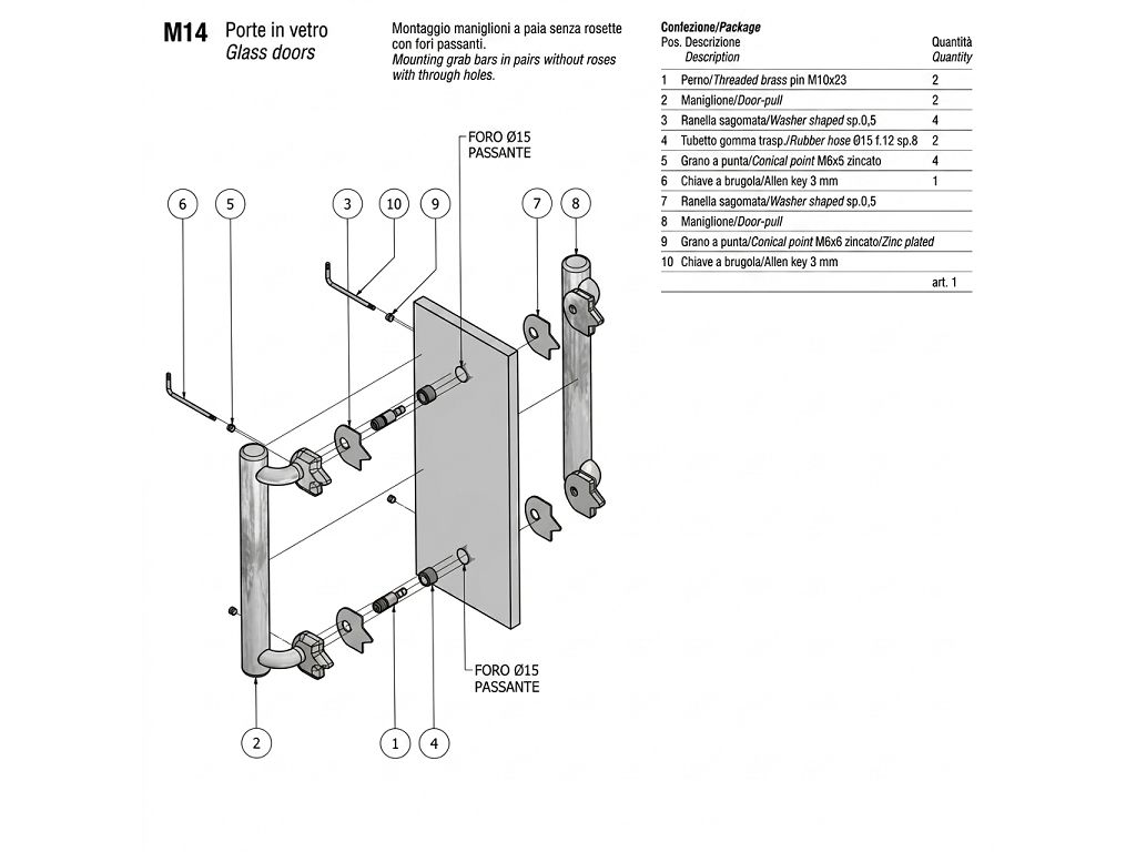 salice_paolo_kit_montaggio_maniglione_m14.jpg Kit Montaggio Maniglione M14 per Porta in Vetro Passante Accoppiato Senza Rosetta Salice Paolo - immagine 1