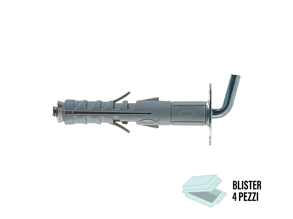 sb9l8pz4.png SB 9/ L8 Tassello Nylon Espansione a Vite in Blister da pz.4 Prolungato Gancio Corto Fischer - immagine 1