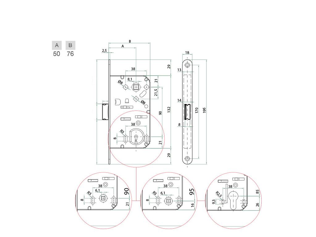 Serratura Infilare Mediana Bitter NG F.18 mm.90 Foro Yale Entrata 50 Scrocco Nylon 8E-Cromo Satinato  Bonaiti - immagine 5