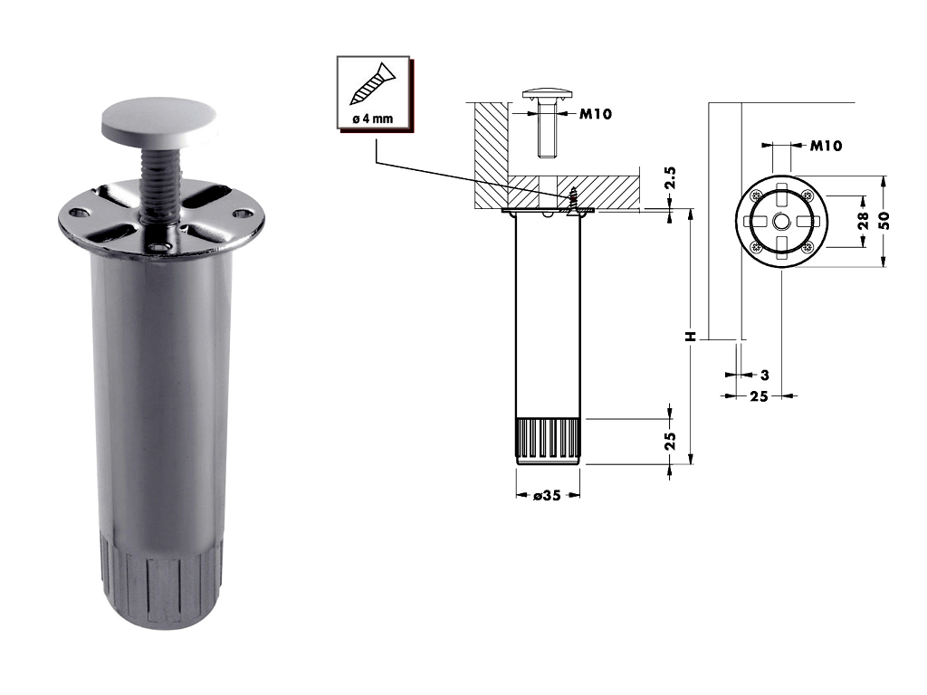 cam380c.png PIEDE METALLO CROMATO IN BLISTER PEZZI 4 VARIE ALTEZZE CAMAR - immagine 1