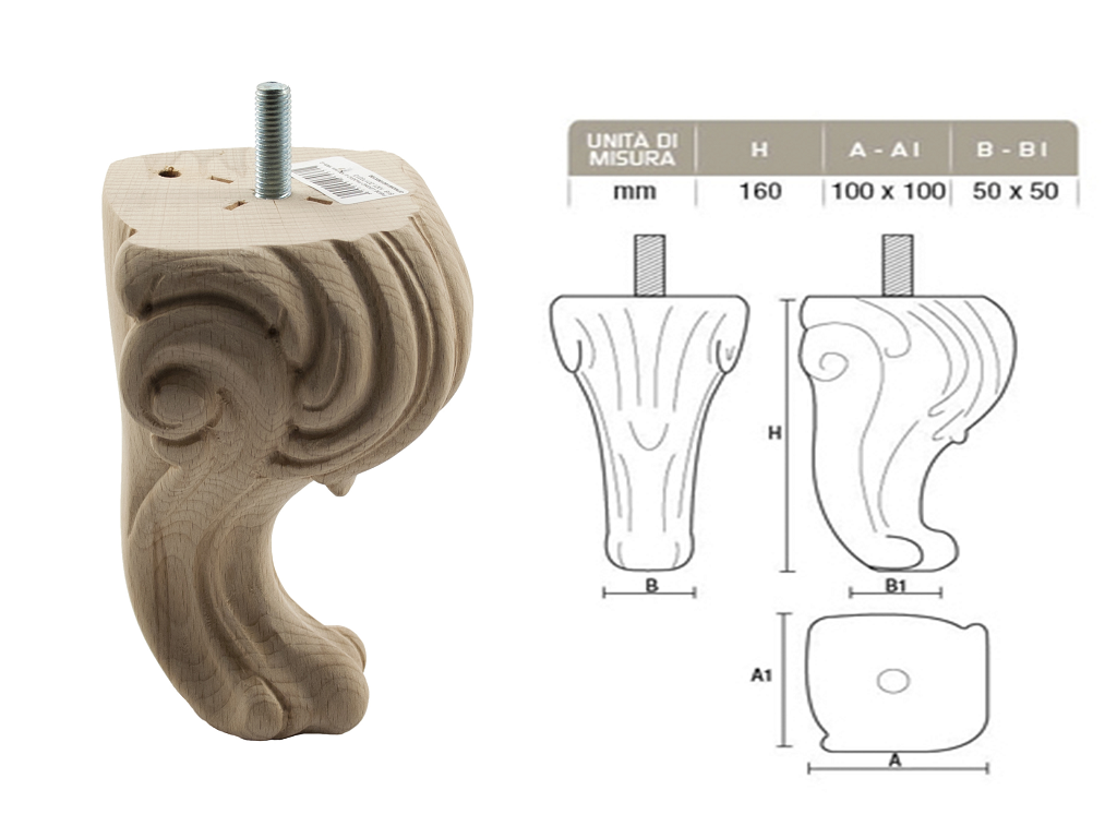 gpi0255160100x100.png Piede Legno Faggio Grezzo con Vite Filettata Ma10x30 d.100x100/50x50 mm.160h | Gpi - immagine 1